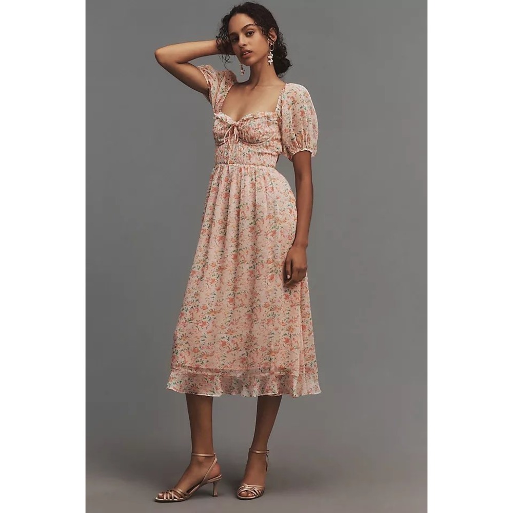 ASTR The Label Lunaria Midi Dress Peach Floral Puff Sleeve Ruffle 2X